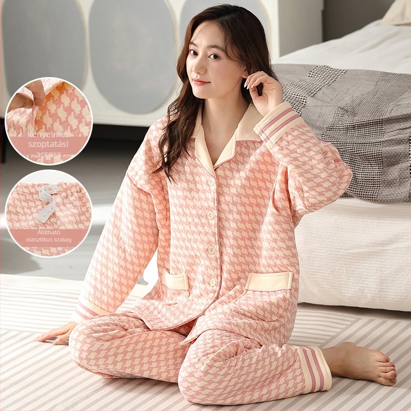 Kismama pizsama szett padding anyaggal, galléros, hosszú ujjú, nadrágos — szoptatásra és otthoni viseletre
