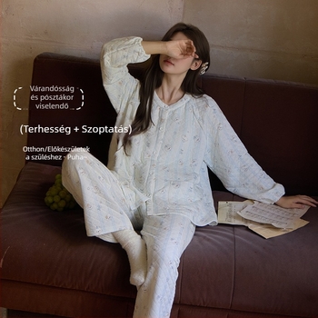 Női posztpartum pizsama – 100% pamut, vastag háromrétegű anyag (251-300 g/m²), nyitás az etetéshez, hosszú ujjú, kerek nyakú