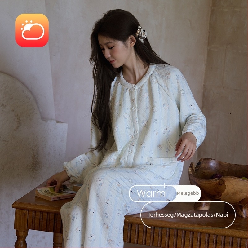 Női posztpartum pizsama – 100% pamut, vastag háromrétegű anyag (251-300 g/m²), nyitás az etetéshez, hosszú ujjú, kerek nyakú