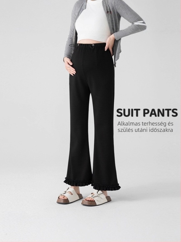 Kismama nadrág, magas derékkal, laza szabású, flared szár volánnal, 9/10 hossz, pamut-poliészter