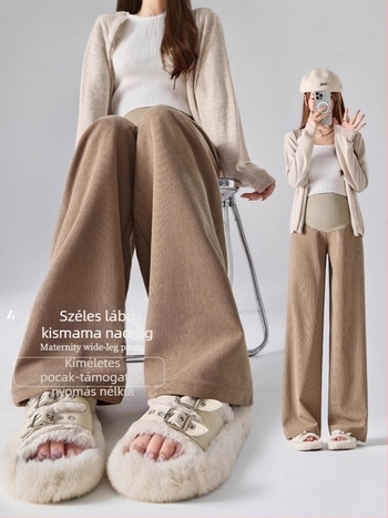 Anyasági nadrág széles lábú fazon, vast poliészter (95%+), spandex <30%, laza szabás, pocak-támasz, mikroelasztikusság