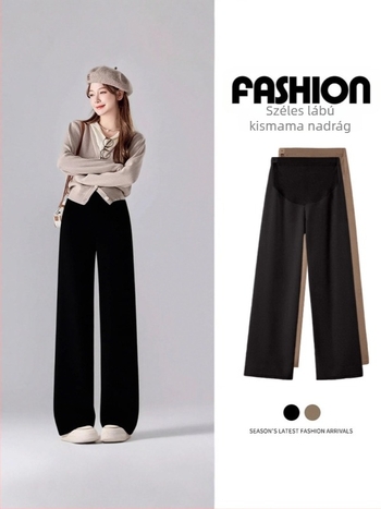 Anyasági nadrág széles lábú fazon, vast poliészter (95%+), spandex <30%, laza szabás, pocak-támasz, mikroelasztikusság