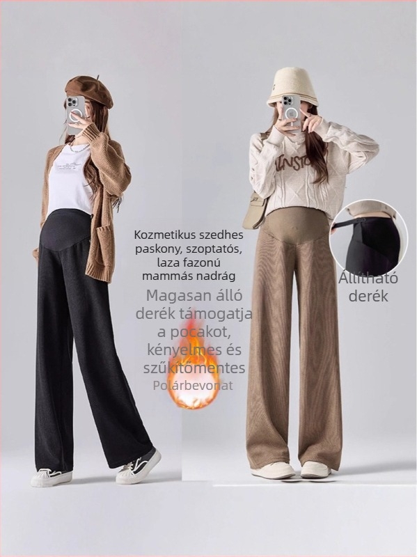 Anyasági nadrág széles lábú fazon, vast poliészter (95%+), spandex <30%, laza szabás, pocak-támasz, mikroelasztikusság