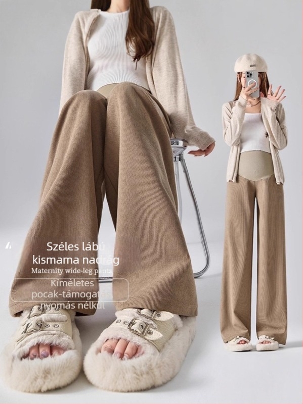 Anyasági nadrág széles lábú fazon, vast poliészter (95%+), spandex <30%, laza szabás, pocak-támasz, mikroelasztikusság