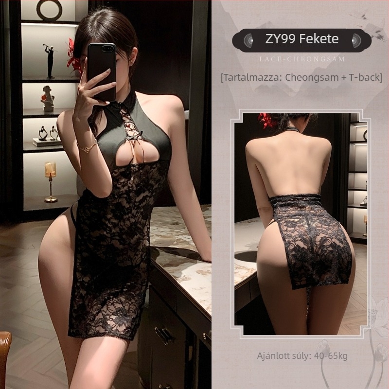 Csipao-stílusú ruha áttetsző csipével és kivágásokkal, álló gallérral; Lace + milk silk anyag, poliészter