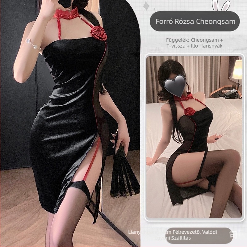 Cheongsam-stílusú erotikus fehérnemű készlet hálós áttetsző panelokkal, poliészter anyag, 90–95% poliészter tartalom