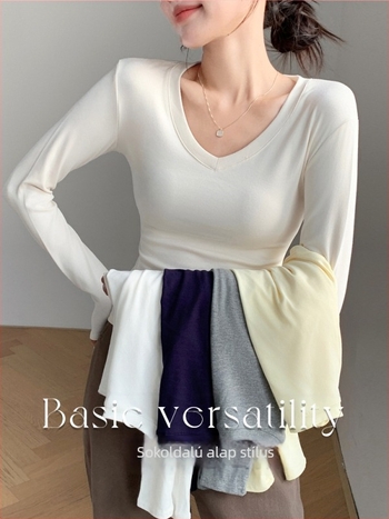 V-nyakú hosszú ujjú póló, slim-fit, viszkóz 90–95%