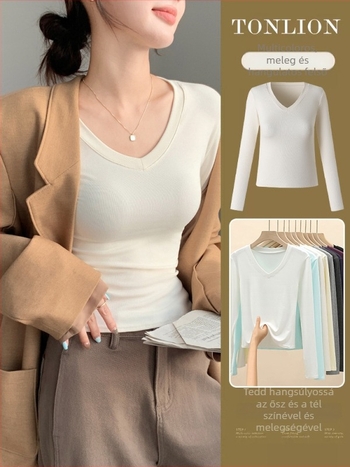 V-nyakú hosszú ujjú póló, slim-fit, viszkóz 90–95%