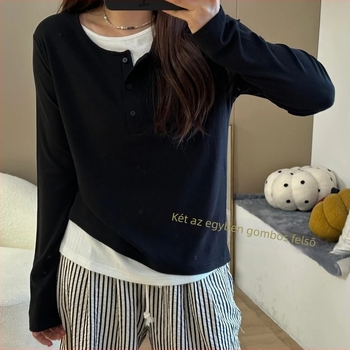 Hosszú ujjú T-shirt, fiktív kettős készlet, laza szabás, viszkóz rostból, mintázat harmóniában