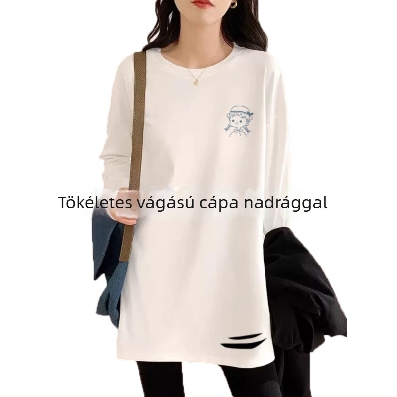 Kétrétegű bársonyos T-shirt, Derong alapanyag, kerek nyak, hosszú ujjú, középméretű hossz, laza szabás, hímzett részletek