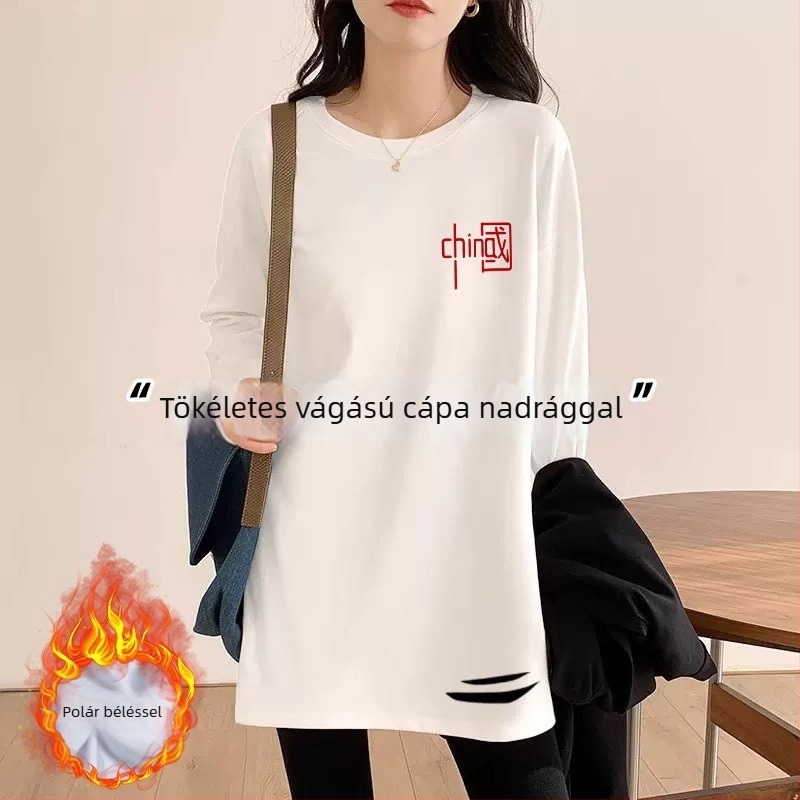 Kétrétegű bársonyos T-shirt, Derong alapanyag, kerek nyak, hosszú ujjú, középméretű hossz, laza szabás, hímzett részletek