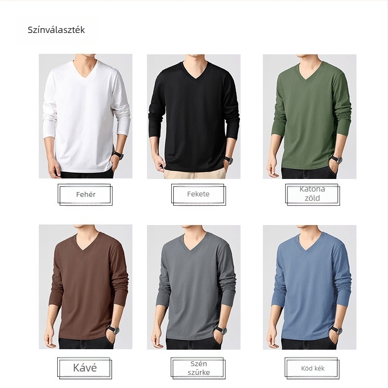 V-nyakú hosszú ujjú póló, Slim-fit, 100% pamut, vékony anyag