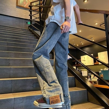 Férfi egyenes szabású farmer, magas derék, pamut denim, mosott felület, cipzáras zárás