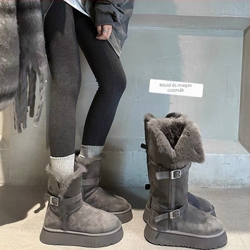 Női hócipő, magas szárú, nubuk felső rész, gumitalp, belső mű rövid plüss, vastag talp 5–8 cm