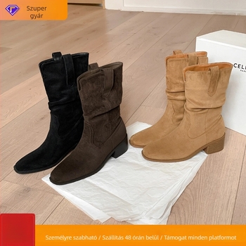 Női divat bokacsizma nubuk bőrből, gumírozott talp, középmagas szár, vastag sarka 6–8 cm, zárás Socket