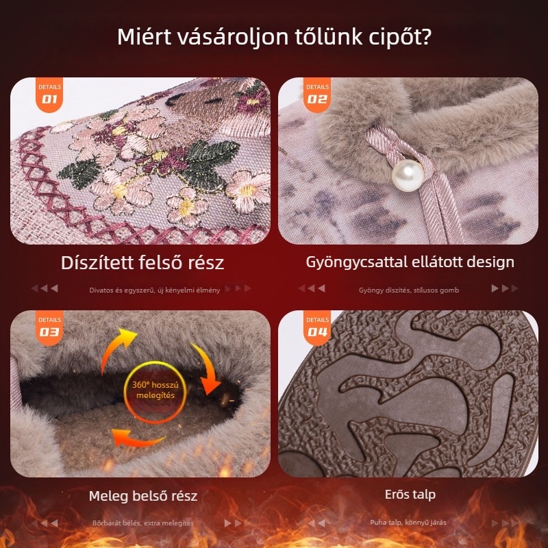 Női téli pamut csizmák virágos hímzéssel, fleece béléssel, műszőrös talpbetéttel, alacsony szár, kerek orr, PVC talp