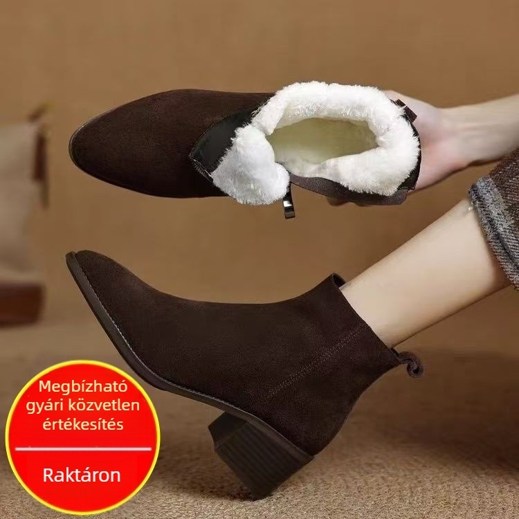 Női retro stílusú velúr bokacsizma kerek orral, 3–5 cm vastag sarokkal, oldalsó cipzár, gumitalp