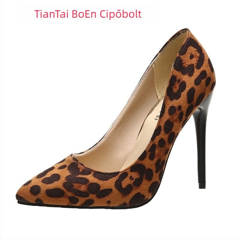 Női Slip-On leopard mintás velúr cipő, ultra magas sarok, hegyes orr