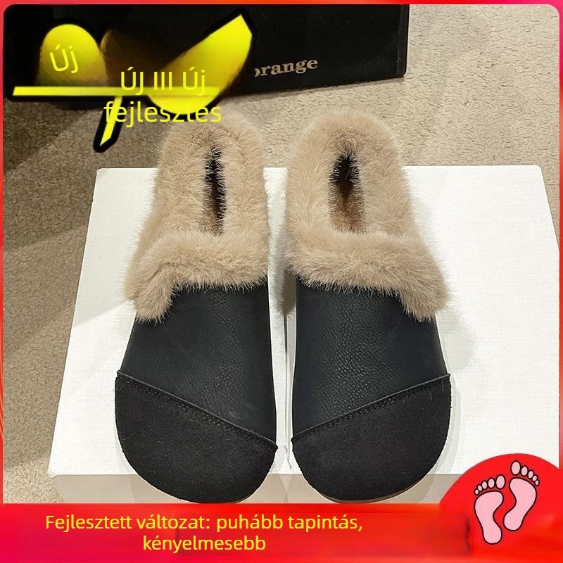 Női plüss slip-on cipő, kerek orr, felső műbőr, belső plüss, talp kompozit, alacsony sarka, téli 2024