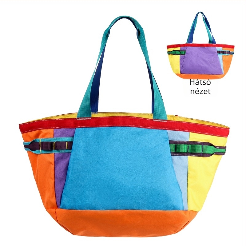 Nylon tote táska, nagy kapacitású, vízszintes négyzetes forma, nyitott felső, egy vállpánt, nylon bélés