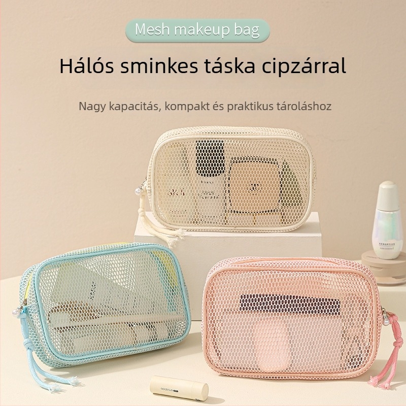 Kozmetikai táska háló anyagból, kézitáska-stílus, modell 01b1605; többfunkciós utazáshoz, smink- és higiéniai termékek tárolására.