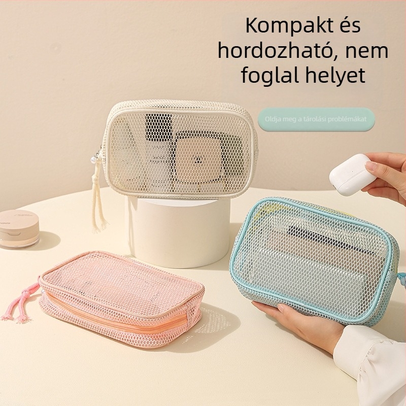 Kozmetikai táska háló anyagból, kézitáska-stílus, modell 01b1605; többfunkciós utazáshoz, smink- és higiéniai termékek tárolására.