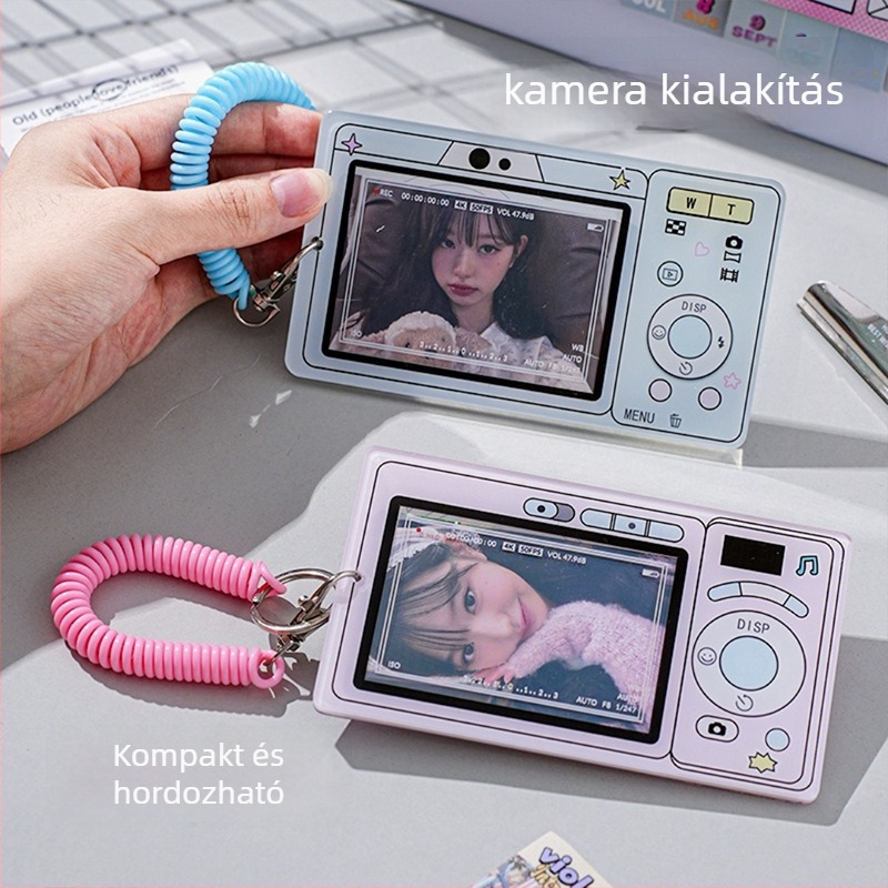 Akril kártyatartó retro fényképezőgép mintával — kártya/ID és fényképek tárolása, modern, egyszerű stílus