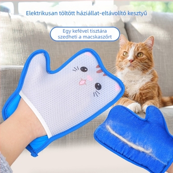Állatok szőrtelenítő kesztyű – kétoldalas, rajzfilmszerű elektrosztatikus kefével, hálószövésű anyag és kefe anyaga