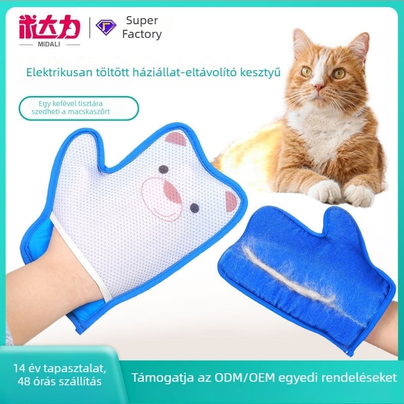 Állatok szőrtelenítő kesztyű – kétoldalas, rajzfilmszerű elektrosztatikus kefével, hálószövésű anyag és kefe anyaga