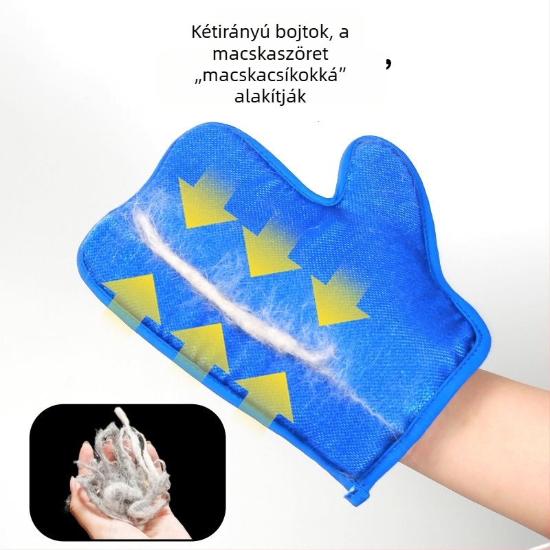 Állatok szőrtelenítő kesztyű – kétoldalas, rajzfilmszerű elektrosztatikus kefével, hálószövésű anyag és kefe anyaga