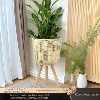 Rattan virágkosár magas faállványon, beltéri nappali dekorációhoz, lélegző és tartós