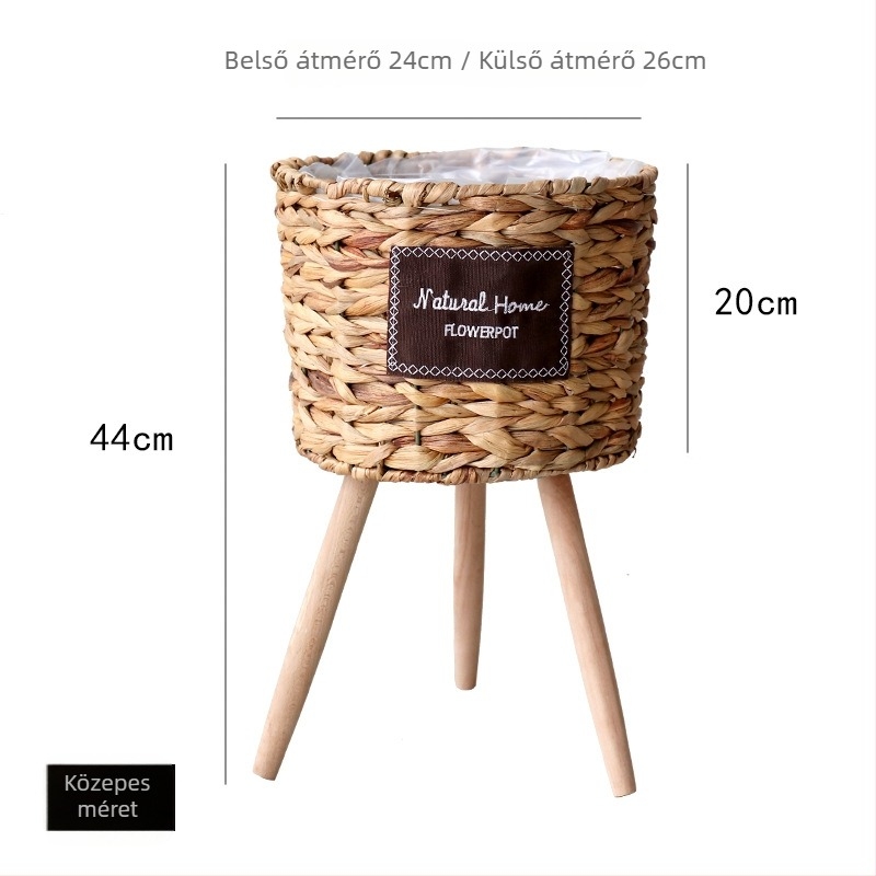 Rattan virágkosár magas faállványon, beltéri nappali dekorációhoz, lélegző és tartós