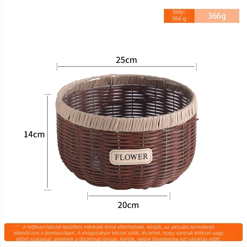 Virágcserép műanyag rattanból vas kerettel; kézzel készített fonat (Anyag: műanyag rattan + vas keret; Használat: asztalra vagy a földre; Kézművesség: kézzel készített; Gyártási módszer: fonás)