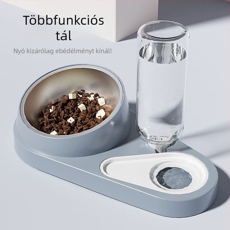 Macska víz- és etető tál; anyagok: PP, PET, rozsdamentes acél; macskáknak