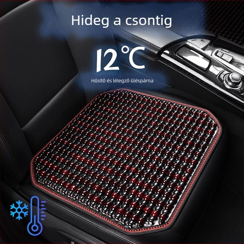 Autóülés párna, egyrészes, négyzet alakú, fa gyöngyökből, hátsó üléshez, légáteresztő és csúszásmentes.