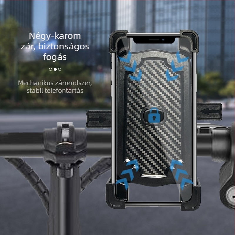 Motoros és kerékpáros telefon-tartó, 4-karos csipesz, forgó tartó, ABS műanyag, visszapillantó és kormány kompatibilis, ütésálló