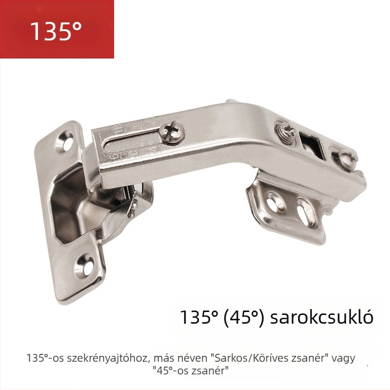 Szekrényajtó pánt, 135°-os, hideg hengerelt acélból, nagy szögű, elektroplakolt felület, puha zárás