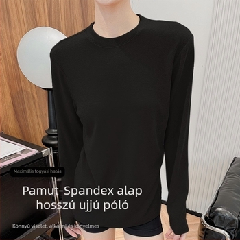 Női kerek nyakú hosszú ujjú póló, lazán szabott, lélegző viszkóz-pamut-akril-spandex keverék anyag