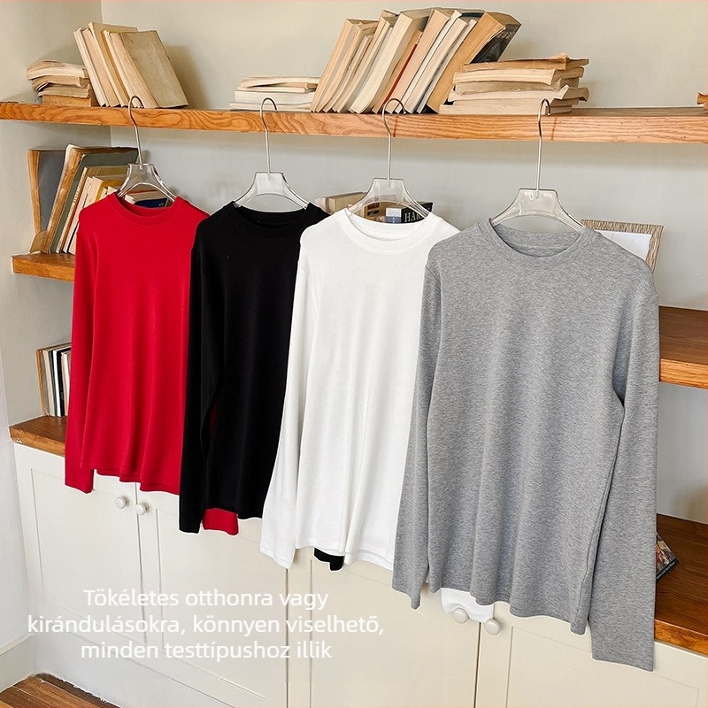 Női kerek nyakú hosszú ujjú póló, lazán szabott, lélegző viszkóz-pamut-akril-spandex keverék anyag