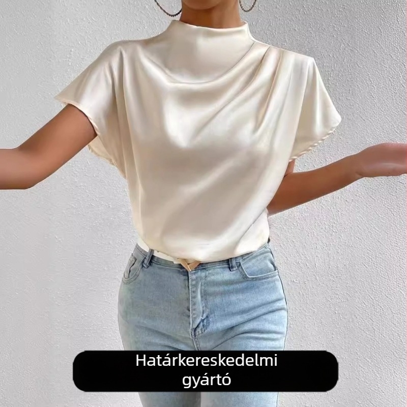 Szatén felületű kereknyakú rövid ujjú póló, egyszínű, 95% poliészter, laza szabás
