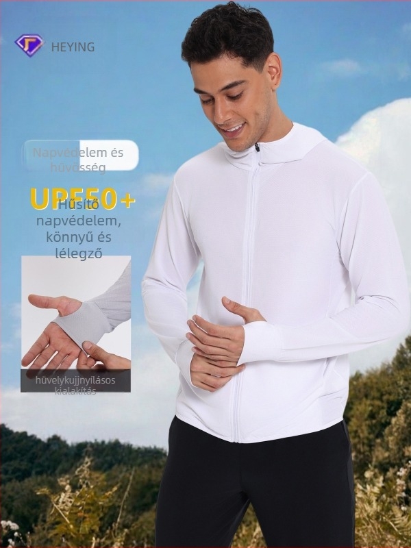 Uniszex kültéri szélvédő kapucnival SPF50 UV védelem, lélegző, gyorsan száradó poliészter anyag