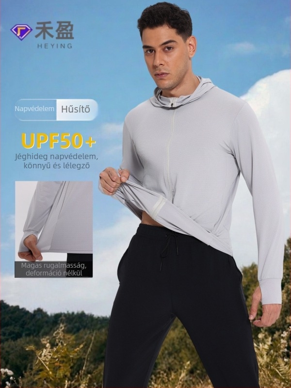 Uniszex kültéri szélvédő kapucnival SPF50 UV védelem, lélegző, gyorsan száradó poliészter anyag