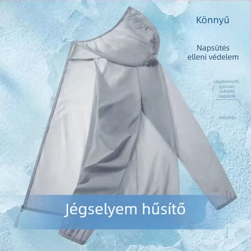 Férfi nyári kapucnis szélkabát, szellős Ice-Silk anyagból, poliészter keverék 30–50%, bő szabás