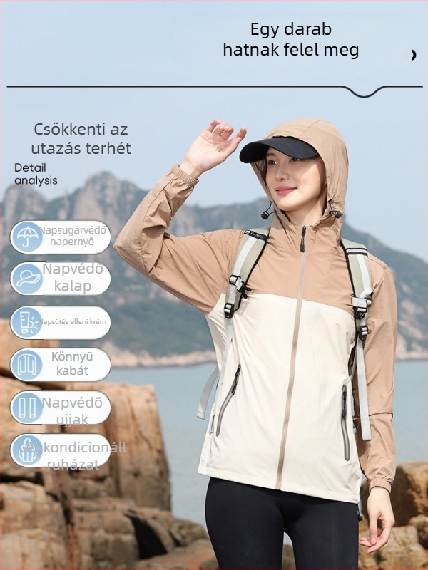 Uniszex könnyű kültéri szélvédő kabát kapucnival, lélegző nylon anyag, UPF50+ UV-védelem