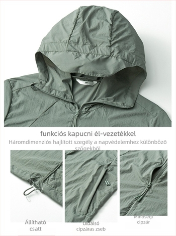 Uniszex kapucnis napvédő kabát, vékony nyári légáteresztő nylonból, 100% nylon, UPF50+, cipzáros zsebek