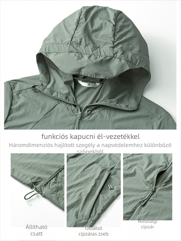 Uniszex kapucnis napvédő kabát, vékony nyári légáteresztő nylonból, 100% nylon, UPF50+, cipzáros zsebek