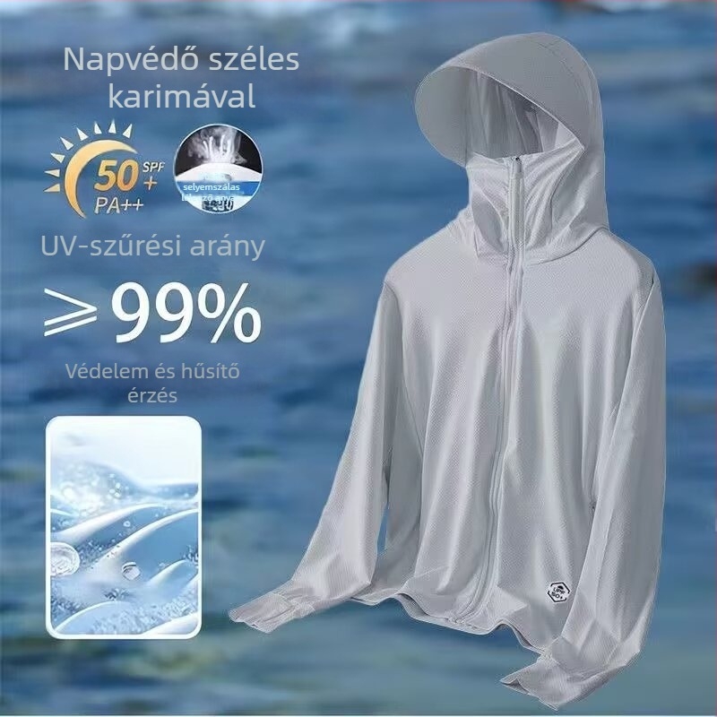 Nyári napsugárvédő kapucnis kabát — légáteresztő poliészter keverék, vékony anyag, cipzár, háromdimenziós patch zsebek