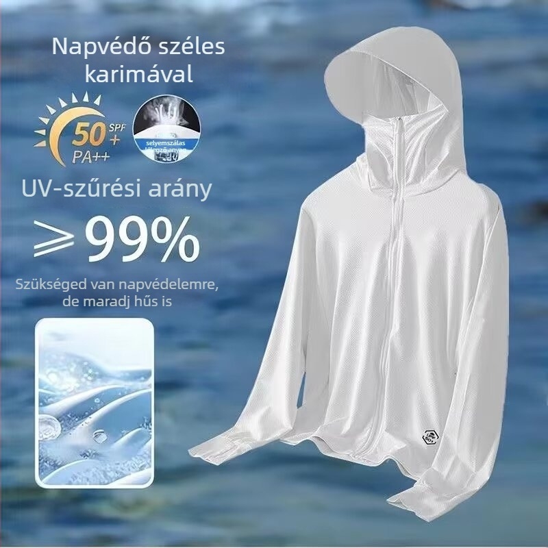 Nyári napsugárvédő kapucnis kabát — légáteresztő poliészter keverék, vékony anyag, cipzár, háromdimenziós patch zsebek