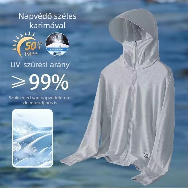 Nyári napsugárvédő kapucnis kabát — légáteresztő poliészter keverék, vékony anyag, cipzár, háromdimenziós patch zsebek