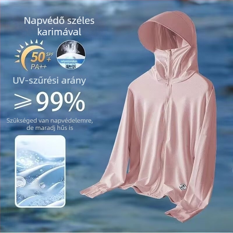 Nyári napsugárvédő kapucnis kabát — légáteresztő poliészter keverék, vékony anyag, cipzár, háromdimenziós patch zsebek